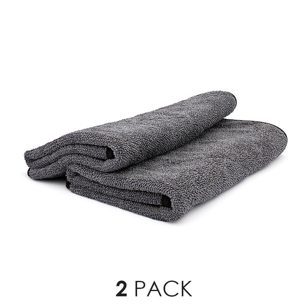 A 2 pack of grey 20"x24" Double Twistress microfiber towels from The Rag Company. The towels have a ButerSoft scratchless suede edge that is safe on pint, trim, and glass