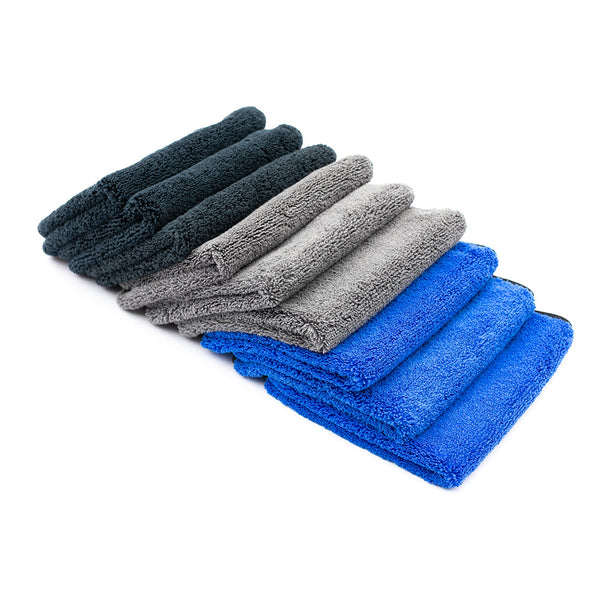 The Rag Company Spectrum 420 16 x 16 Black, Grey, and Royal Blue Layered Towels