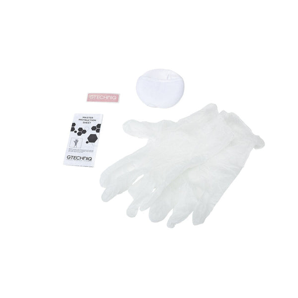 Included with the bottle of protectant is a pair of gloves, instructions, lint-free microfiber applicator pad, and Gtechniq sticker