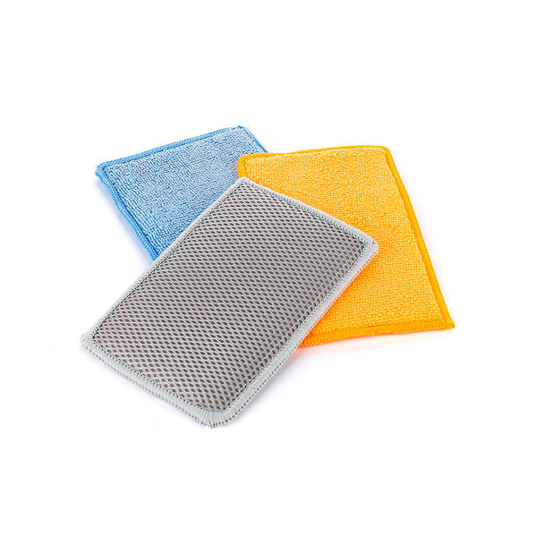 A blue, yellow, and grey Jersey scrubber on a white background.
