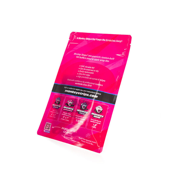 The back of the packaging for the pink Monkey Strips on a white background