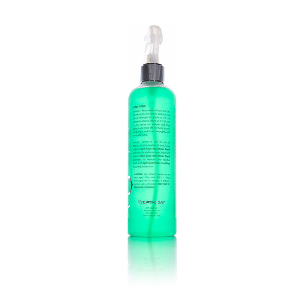 The back of a spray bottle of Opti-Coat Power Clean on a white background.