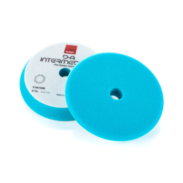 Rupes D-A INTERMEDIATE High Performance Cut & Finish Foam Pad Blue 5 inch on a white background.