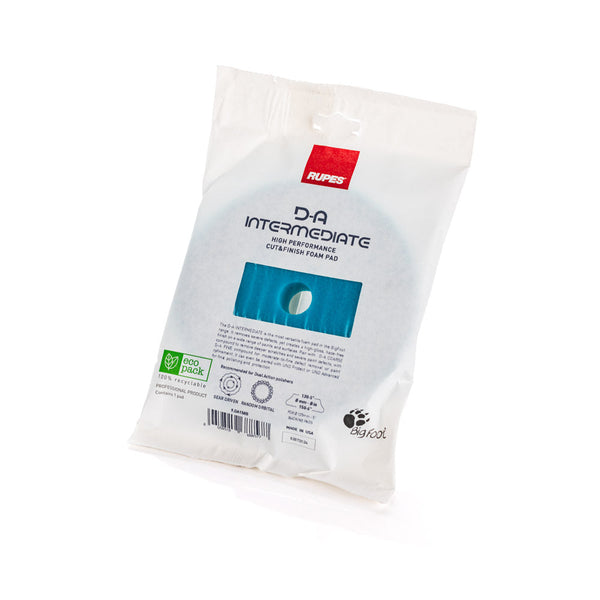 Rupes D-A INTERMEDIATE High Performance Cut & Finish Foam Pad Blue 5 inch packaging on a white background.