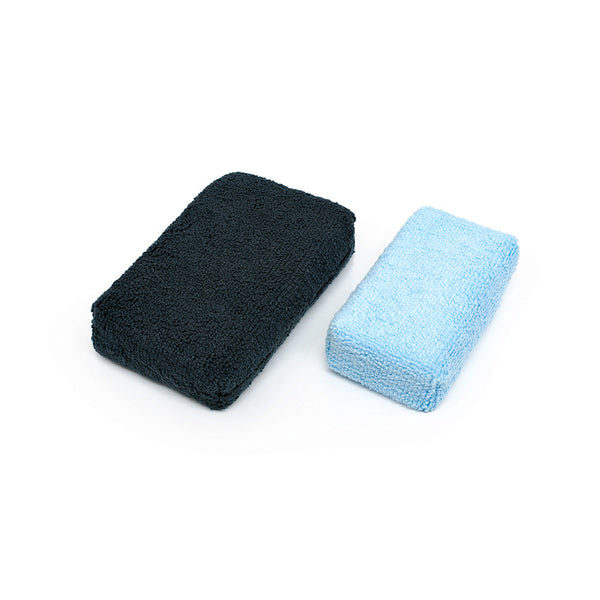 The Rag Company Terry Applicator Sponge size comparison 2 x 4 Light Blue and 3 x 5 Black