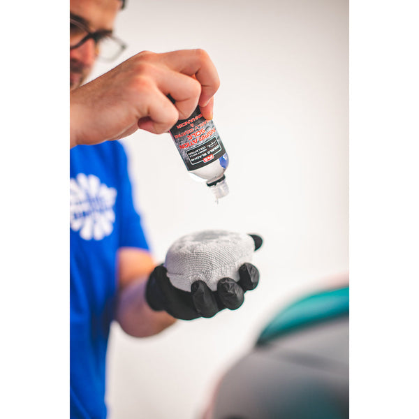 Applying P&S Inspiration Sole coating to a Pearl Puck Applicator from The Rag Company in Ice Grey. These pearl weave microfiber applicators have a no-soak barriers inside them that prevents precious coating products from seeping into the sponge.