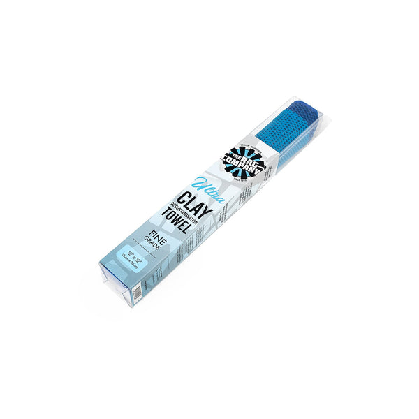 The ULTRA Clay Towel from The Rag Company in its original packaging. The light blue has clay inlaid within the microfiber so it works just like a traditional Clay Bar. The dark blue side is a soft, absorbent microfiber.