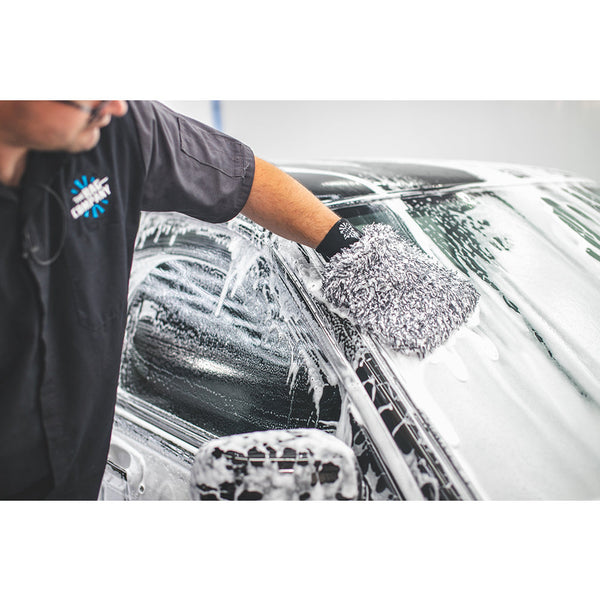 Using the Cyclone Ultra Wash Mitt from the Rag Company to wash a black 2004 Subaru WRX STI