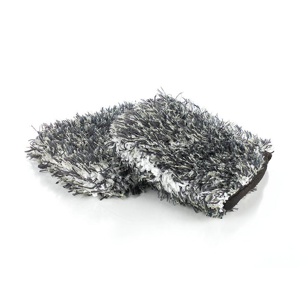 Black and white microfiber wheel mitt on a white background