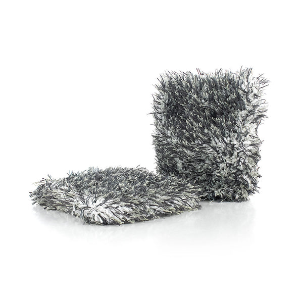 Black and white microfiber wheel mitt on a white background