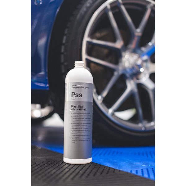Koch Chemie Plast Star 1L  bottle in front of a tire. 