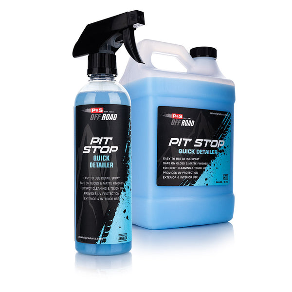 A spray bottle and jug of P and S Pit Stop on a white background.