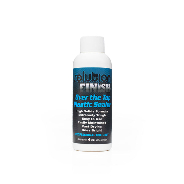 A bottle of Solution Finish Over the top plastic sealer on a white background.
